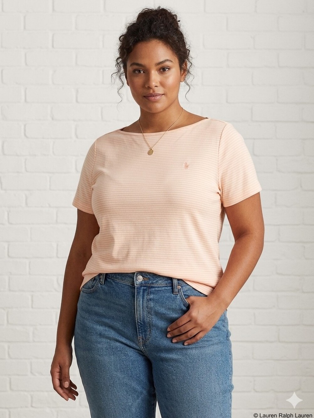 Lauren Ralph Lauren T-shirt Light Peach/White Stripes Tee Size 1X